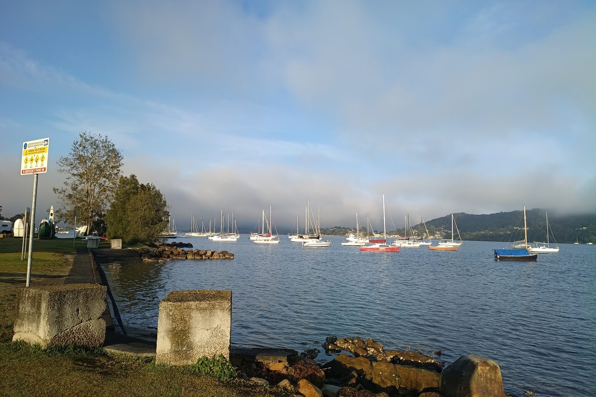 Boats moored on Brisbane Water off the Gosford waterfront